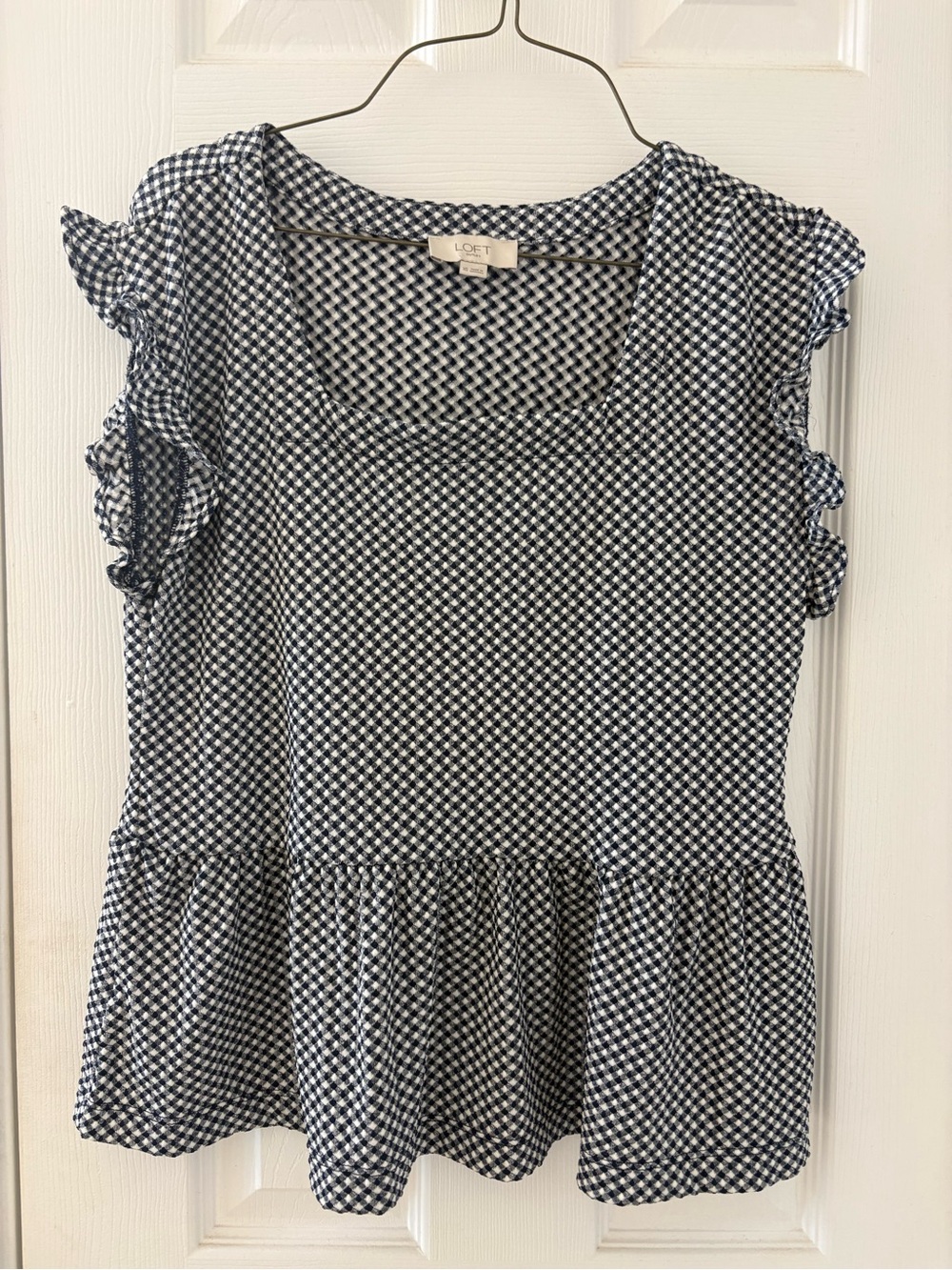 LOFT Navy & White Gingham Ruffle Peplum Top